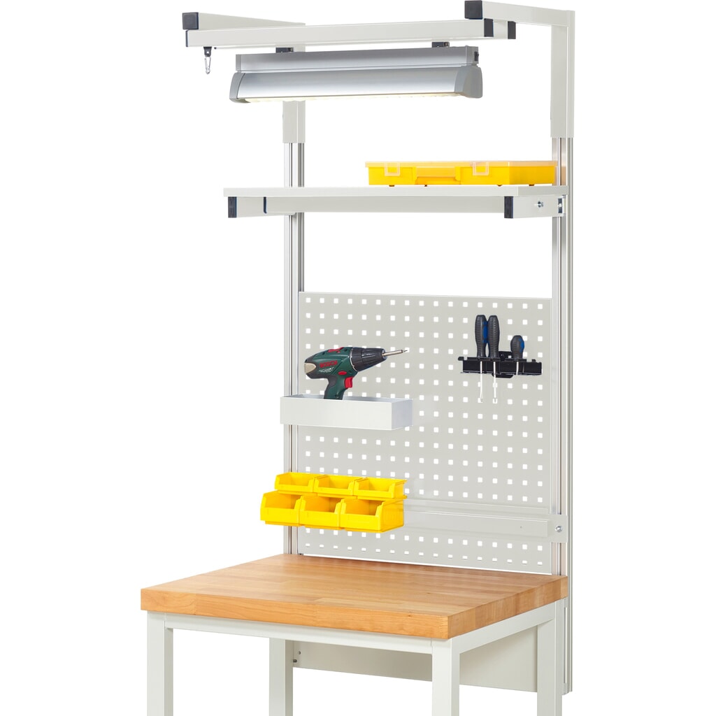 Imagen del producto: Estructura banco de trabajo RAU, H x A x F 1.380 x 750 x 350 mm, con 1 estante elevado, 1 guía de soporte y 1 par de brazos salientes y 1 luz, kit completo 04 para anchura de productos de 750 mm