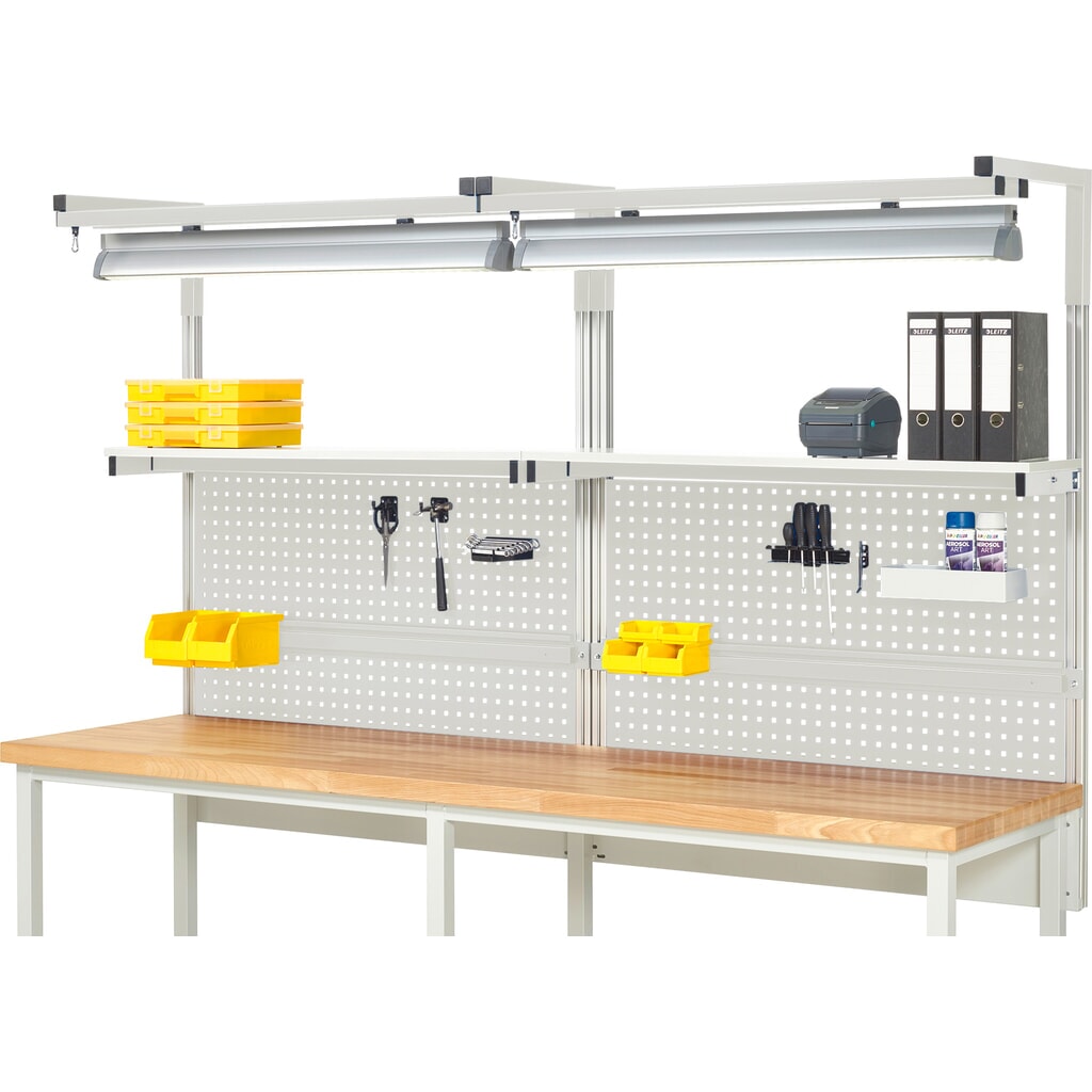 Imagen del producto: Estructura banco de trabajo RAU, H x A x F 1.380 x 2.500 x 350 mm, con 2 estantes elevados, 2 guías de soporte y 2 pares de brazos salientes y 2 luces, kit completo 04 para anchura de productos de 2.500 mm