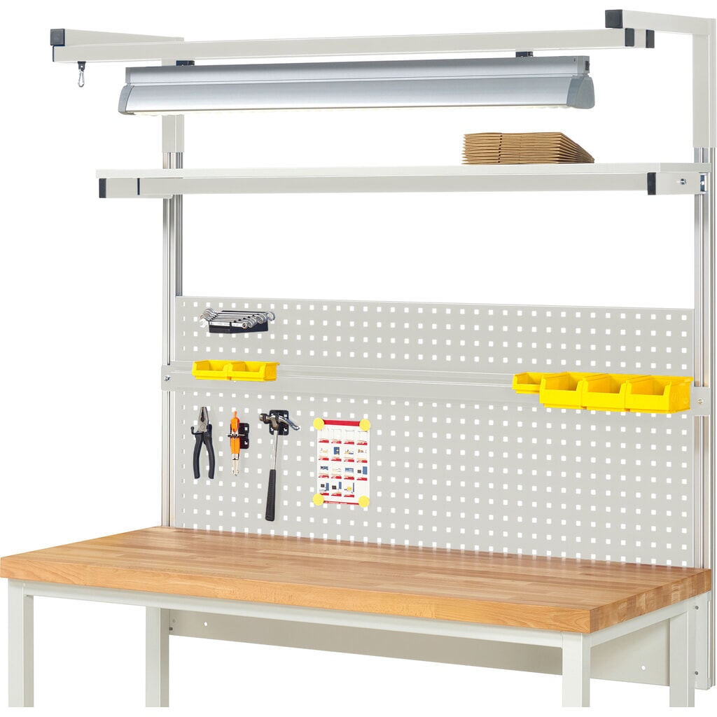 Imagen del producto: Estructura banco de trabajo RAU, H x A x F 1.380 x 1.500 x 350 mm, con 1 estante elevado, 1 guía de soporte y 1 par de brazos salientes y 1 luz, kit completo 04 para anchura de productos de 1.500 mm
