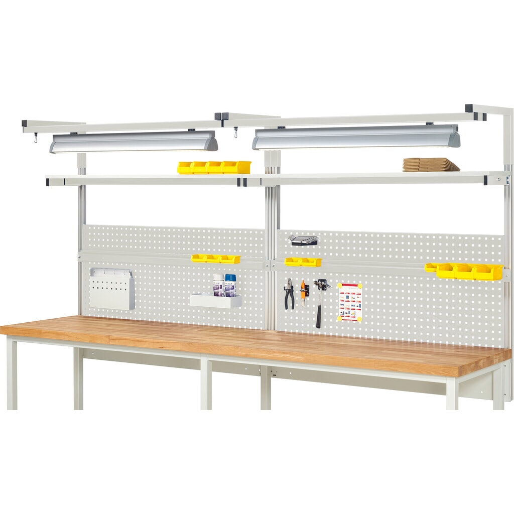 Estructura banco de trabajo RAU, H x A x F 1.380 x 3.000 x 350 mm, con 2 estantes elevados, 2 guías de soporte y 2 pares de brazos salientes y 2 luces, kit completo 04 para anchura de productos de 3.000 mm Imagen del producto: Estructura banco de trabajo RAU, H x A x F 1.380 x 3.000 x 350 mm, con 2 estantes elevados, 2 guías de soporte y 2 pares de brazos salientes y 2 luces, kit completo 04 para anchura de productos de 3.000 mm