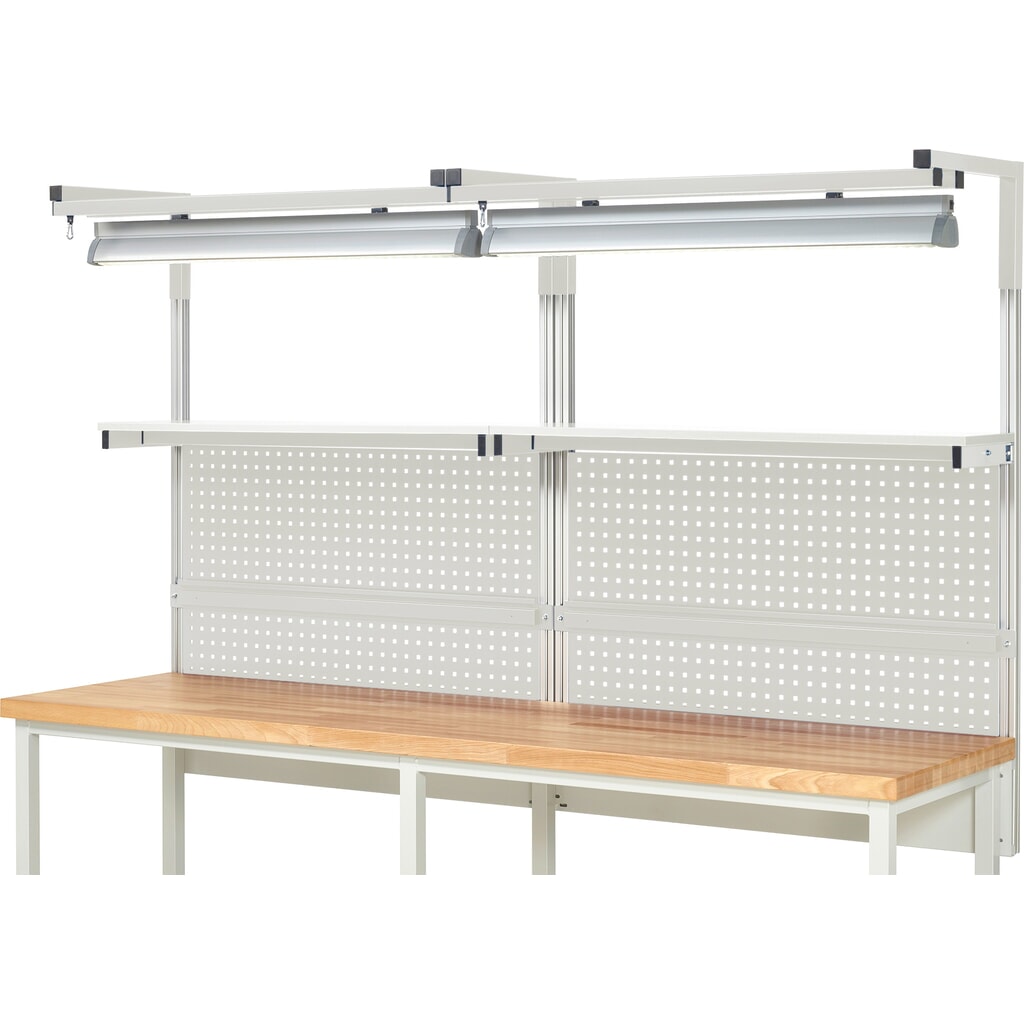 Número de imagen del producto 2: Estructura banco de trabajo RAU, H x A x F 1.380 x 2.500 x 350 mm, con 2 estantes elevados, 2 guías de soporte y 2 pares de brazos salientes y 2 luces, kit completo 04 para anchura de productos de 2.500 mm