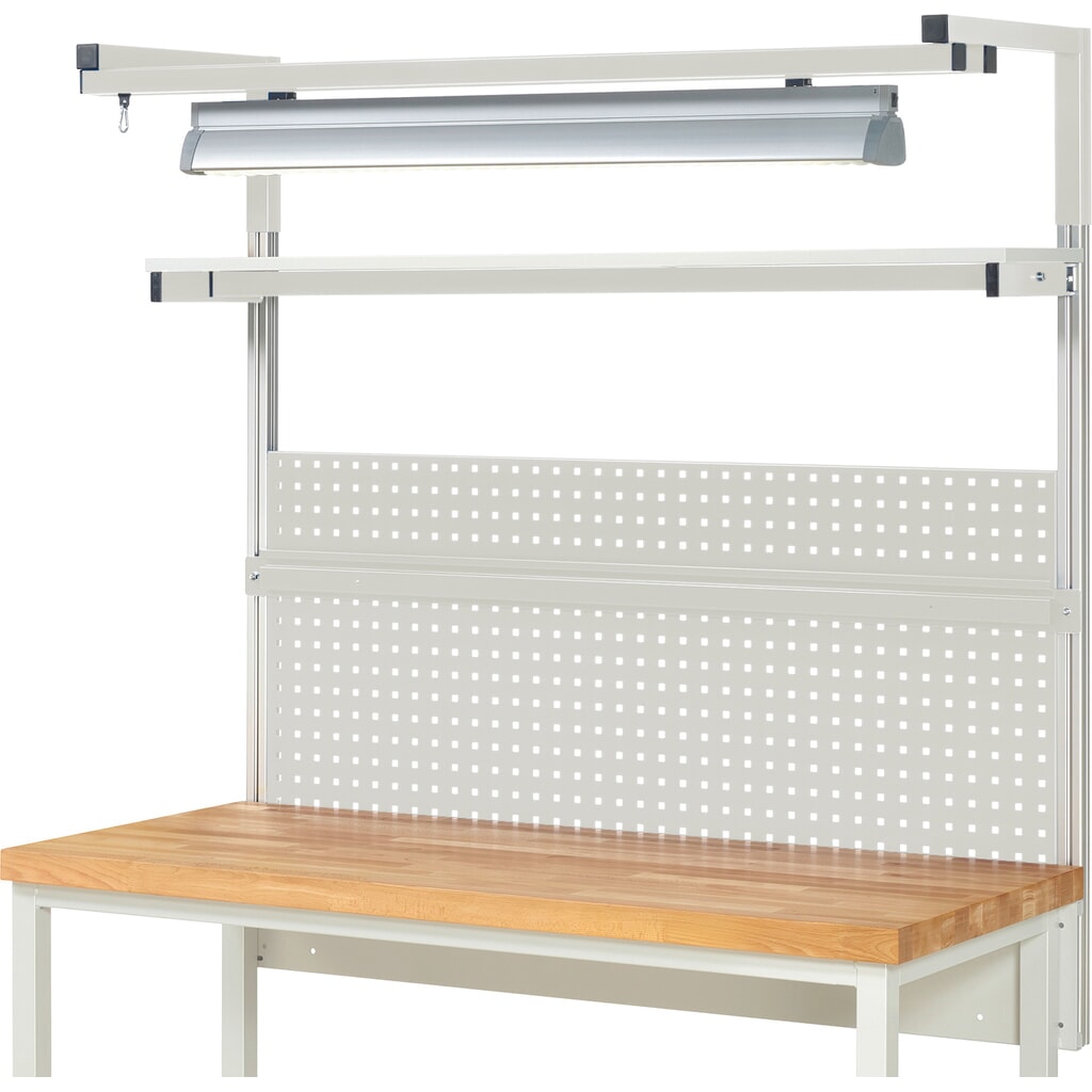 Número de imagen del producto 2: Estructura banco de trabajo RAU, H x A x F 1.380 x 1.500 x 350 mm, con 1 estante elevado, 1 guía de soporte y 1 par de brazos salientes y 1 luz, kit completo 04 para anchura de productos de 1.500 mm
