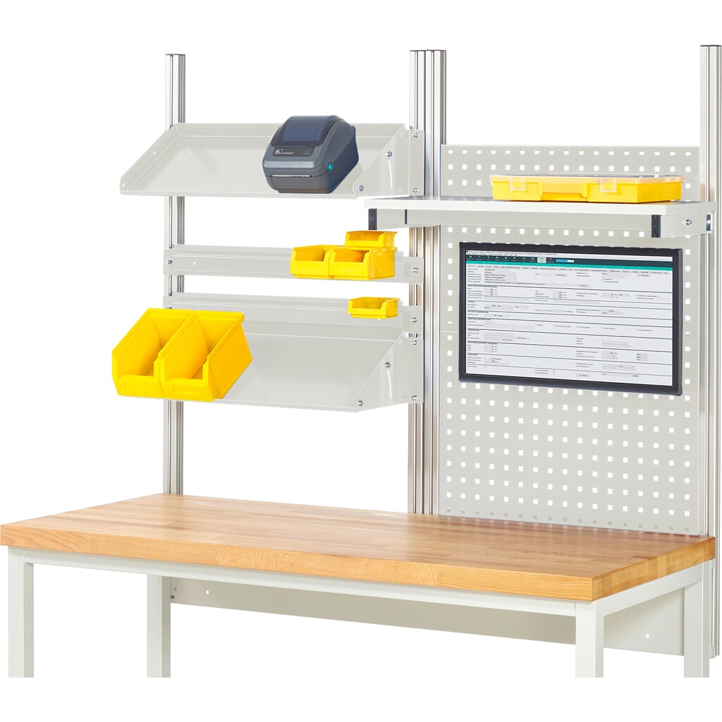 Imagen del producto: Estructura de banco de trabajo RAU, HxAxF 1.130 x 1.500 x 350 mm, con 1 estante elevado, 2 guías de soporte, 2 bandejas metálicas inclinables y 1 soporte de pantalla plana, kit completo 05 para ancho de producto 1.500 mm