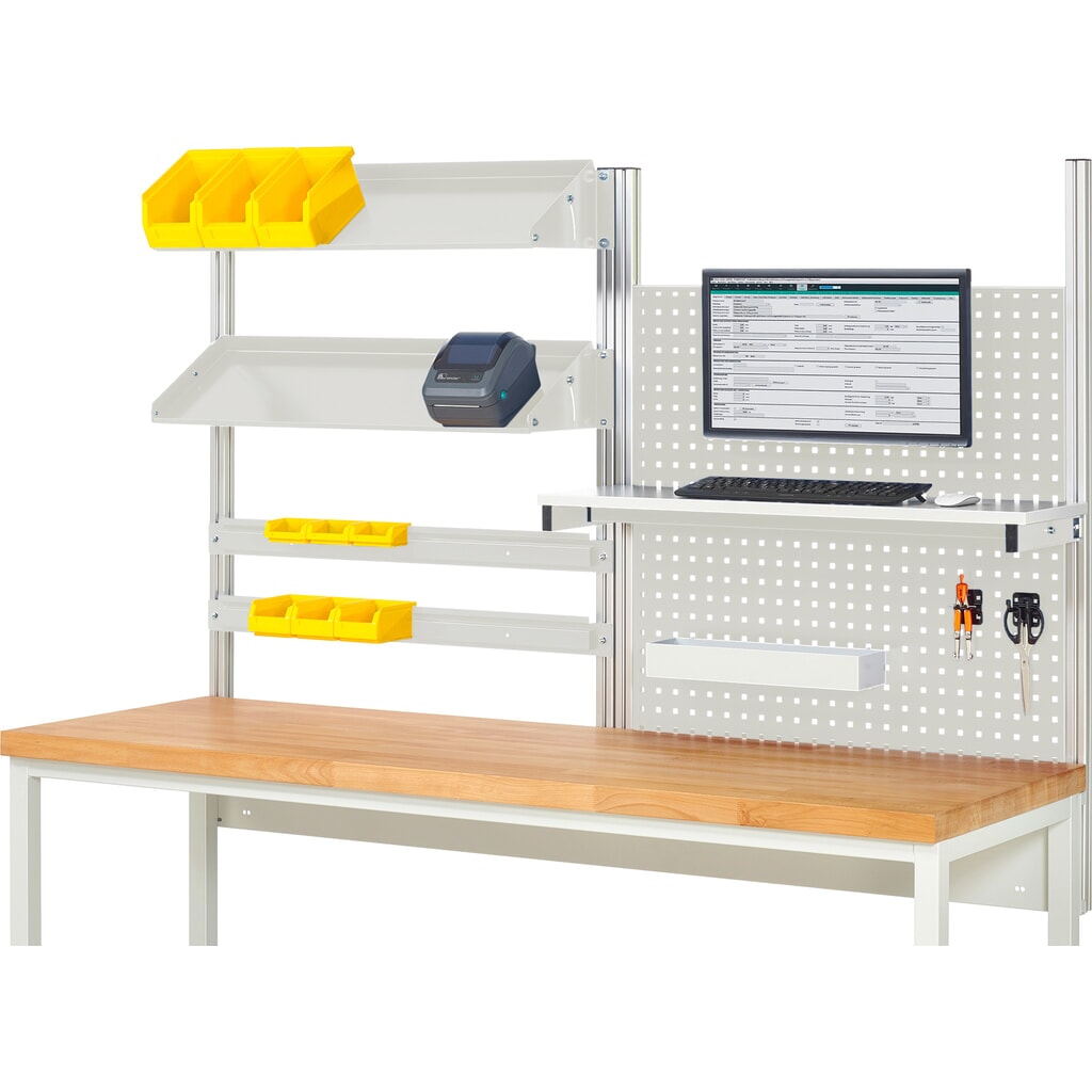Estructura de banco de trabajo RAU, HxAxF 1.130 x 2.000 x 350 mm, con 1 estante elevado, 2 guías de soporte, 2 bandejas metálicas inclinables y 1 soporte de pantalla plana, kit completo 05 para ancho de producto 2.000 mm Imagen del producto: Estructura de banco de trabajo RAU, HxAxF 1.130 x 2.000 x 350 mm, con 1 estante elevado, 2 guías de soporte, 2 bandejas metálicas inclinables y 1 soporte de pantalla plana, kit completo 05 para ancho de producto 2.000 mm