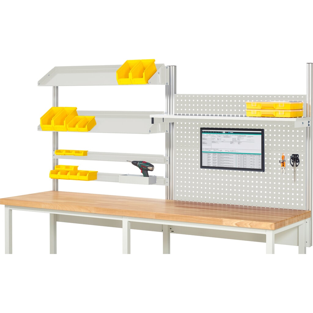 Estructura de banco de trabajo RAU, HxAxF 1.130 x 2.500 x 350 mm, con 1 estante elevado, 2 guías de soporte, 2 bandejas metálicas inclinables y 1 soporte de pantalla plana, kit completo 05 para ancho de producto 2.500 mm Imagen del producto: Estructura de banco de trabajo RAU, HxAxF 1.130 x 2.500 x 350 mm, con 1 estante elevado, 2 guías de soporte, 2 bandejas metálicas inclinables y 1 soporte de pantalla plana, kit completo 05 para ancho de producto 2.500 mm