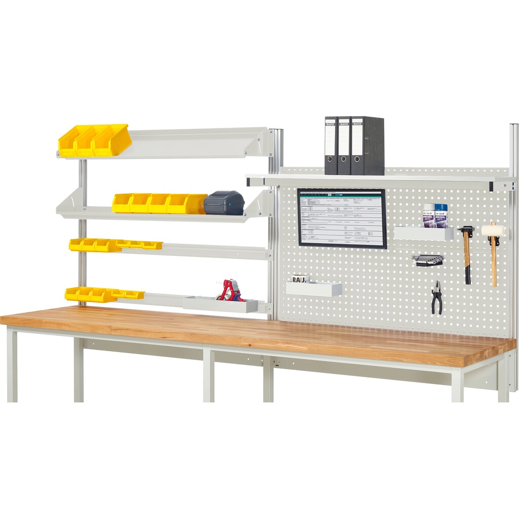 Imagen del producto: Estructura de banco de trabajo RAU, HxAxF 1.130 x 3.000 x 3.000 mm, con 1 estante elevado, 2 guías de soporte, 2 bandejas metálicas inclinables y 1 soporte de pantalla plana, kit completo 05 para ancho de producto 3.000 mm