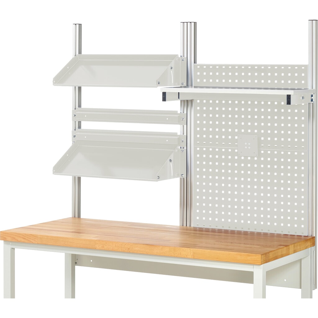Estructura de banco de trabajo RAU, HxAxF 1.130 x 1.500 x 350 mm, con 1 estante elevado, 2 guías de soporte, 2 bandejas metálicas inclinables y 1 soporte de pantalla plana, kit completo 05 para ancho de producto 1.500 mm Número de imagen del producto 2: Estructura de banco de trabajo RAU, HxAxF 1.130 x 1.500 x 350 mm, con 1 estante elevado, 2 guías de soporte, 2 bandejas metálicas inclinables y 1 soporte de pantalla plana, kit completo 05 para ancho de producto 1.500 mm