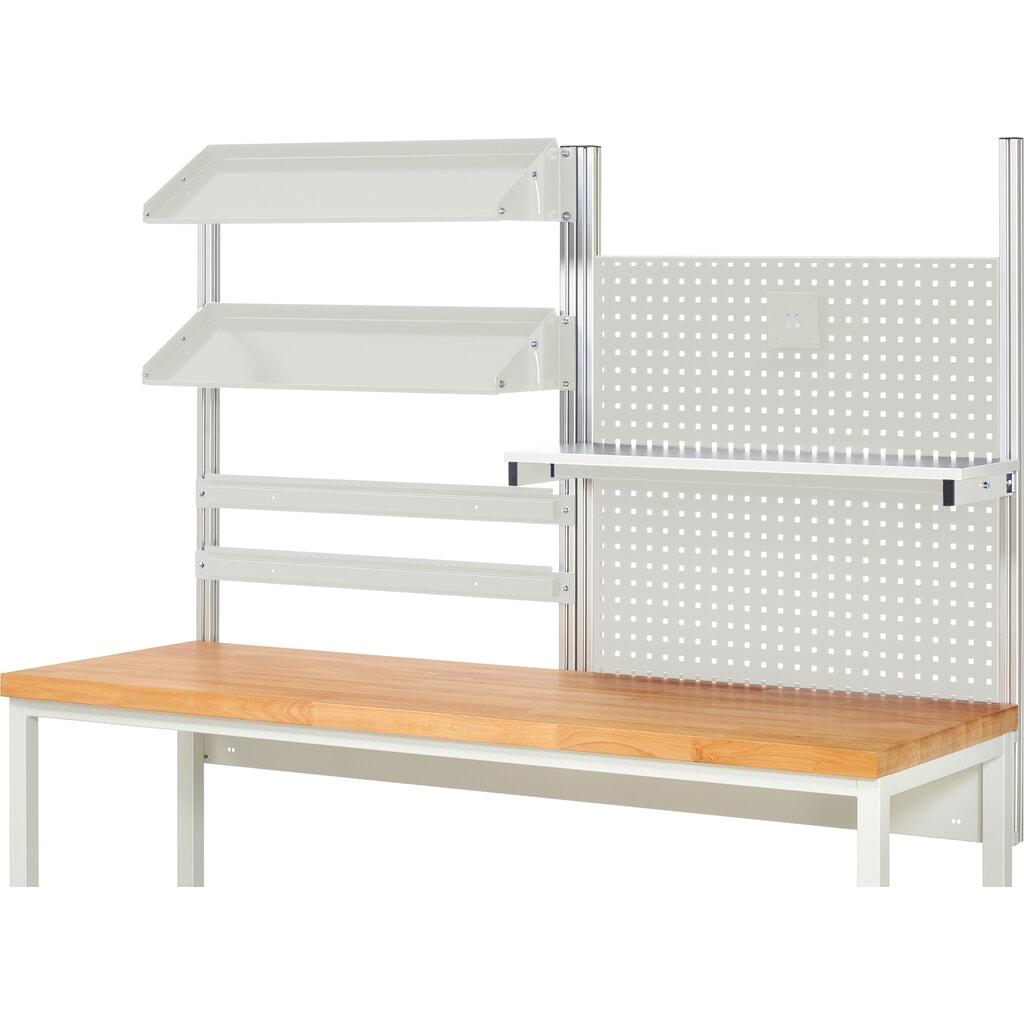 Número de imagen del producto 2: Estructura de banco de trabajo RAU, HxAxF 1.130 x 2.000 x 350 mm, con 1 estante elevado, 2 guías de soporte, 2 bandejas metálicas inclinables y 1 soporte de pantalla plana, kit completo 05 para ancho de producto 2.000 mm