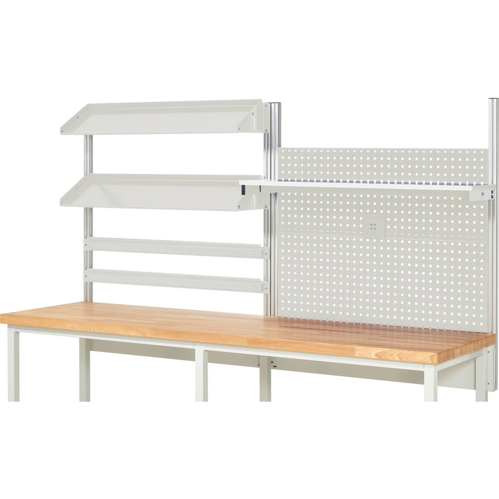 Número de imagen del producto 2: Estructura de banco de trabajo RAU, HxAxF 1.130 x 2.500 x 350 mm, con 1 estante elevado, 2 guías de soporte, 2 bandejas metálicas inclinables y 1 soporte de pantalla plana, kit completo 05 para ancho de producto 2.500 mm