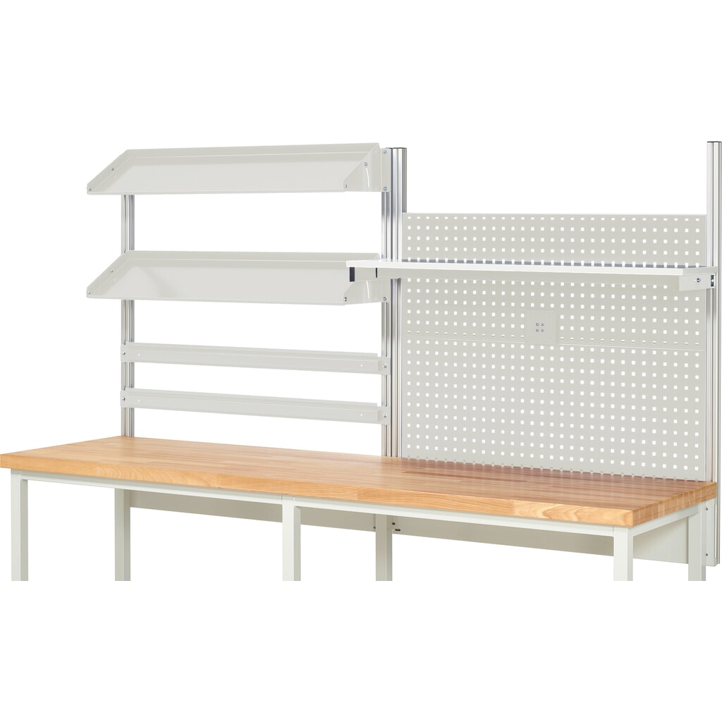 Estructura de banco de trabajo RAU, HxAxF 1.130 x 2.500 x 350 mm, con 1 estante elevado, 2 guías de soporte, 2 bandejas metálicas inclinables y 1 soporte de pantalla plana, kit completo 05 para ancho de producto 2.500 mm Número de imagen del producto 2: Estructura de banco de trabajo RAU, HxAxF 1.130 x 2.500 x 350 mm, con 1 estante elevado, 2 guías de soporte, 2 bandejas metálicas inclinables y 1 soporte de pantalla plana, kit completo 05 para ancho de producto 2.500 mm