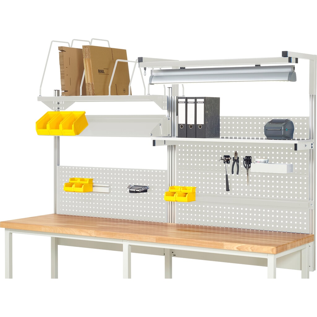 Estructura de banco de trabajo RAU, HxAxF 1.380 x 2.500 x 2.500 mm, con 1 estante elevado, 1 guía de soporte, 1 bandeja metálica inclinable, 1 soporte de pantalla plana y 1 lámpara, kit completo 06 para ancho de producto 2.500 mm Imagen del producto: Estructura de banco de trabajo RAU, HxAxF 1.380 x 2.500 x 2.500 mm, con 1 estante elevado, 1 guía de soporte, 1 bandeja metálica inclinable, 1 soporte de pantalla plana y 1 lámpara, kit completo 06 para ancho de producto 2.500 mm