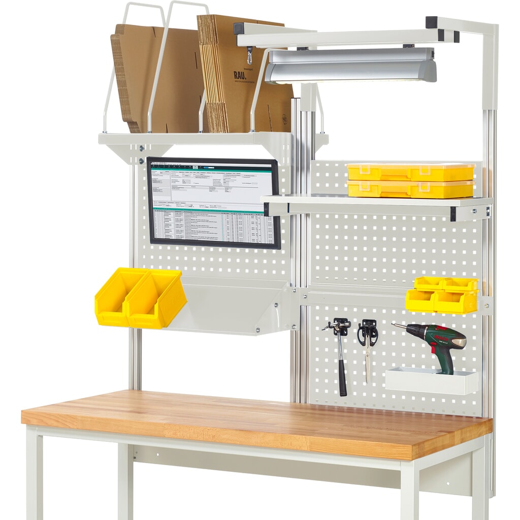 Estructura de banco de trabajo RAU, HxAxF 1.380 x 1.500 x 1.500 mm, con 1 estante elevado, 1 guía de soporte, 1 bandeja metálica inclinable, 1 soporte de pantalla plana y 1 lámpara, kit completo 06 para ancho de producto 1.500 mm Imagen del producto: Estructura de banco de trabajo RAU, HxAxF 1.380 x 1.500 x 1.500 mm, con 1 estante elevado, 1 guía de soporte, 1 bandeja metálica inclinable, 1 soporte de pantalla plana y 1 lámpara, kit completo 06 para ancho de producto 1.500 mm