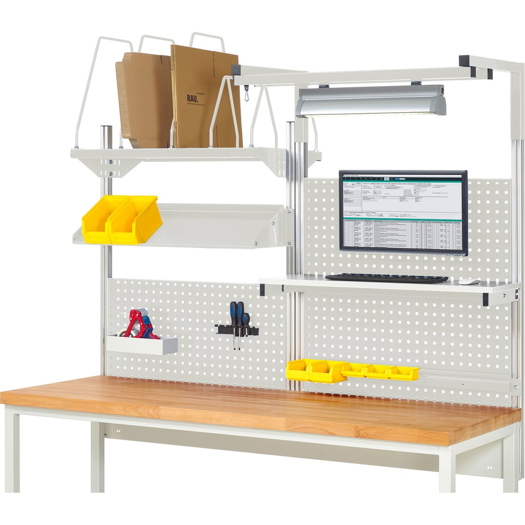 Estructura de banco de trabajo RAU, HxAxF 1.380 x 2.000 x 2.000 mm, con 1 estante elevado, 1 guía de soporte, 1 bandeja metálica inclinable, 1 soporte de pantalla plana y 1 lámpara, kit completo 06 para ancho de producto 2.000 mm Imagen del producto: Estructura de banco de trabajo RAU, HxAxF 1.380 x 2.000 x 2.000 mm, con 1 estante elevado, 1 guía de soporte, 1 bandeja metálica inclinable, 1 soporte de pantalla plana y 1 lámpara, kit completo 06 para ancho de producto 2.000 mm