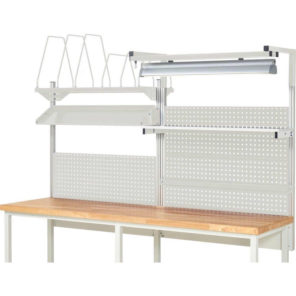 Número de imagen del producto 2: Estructura sistema RAU, H x A x F 1.380 x 2.500 x 2.500 mm, con 1 estante elevado, 1 guía de soporte, 1 bandeja metálica inclinable, 1 soporte de pantalla plana y 1 luz, kit completo 06 para anchura de productos de 2.500 mm