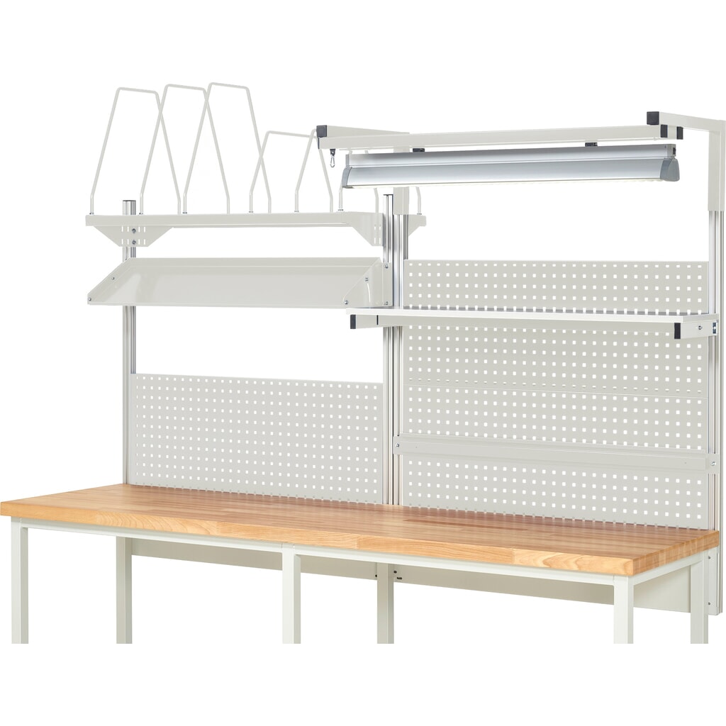 Número de imagen del producto 2: Estructura de banco de trabajo RAU, HxAxF 1.380 x 2.500 x 2.500 mm, con 1 estante elevado, 1 guía de soporte, 1 bandeja metálica inclinable, 1 soporte de pantalla plana y 1 lámpara, kit completo 06 para ancho de producto 2.500 mm
