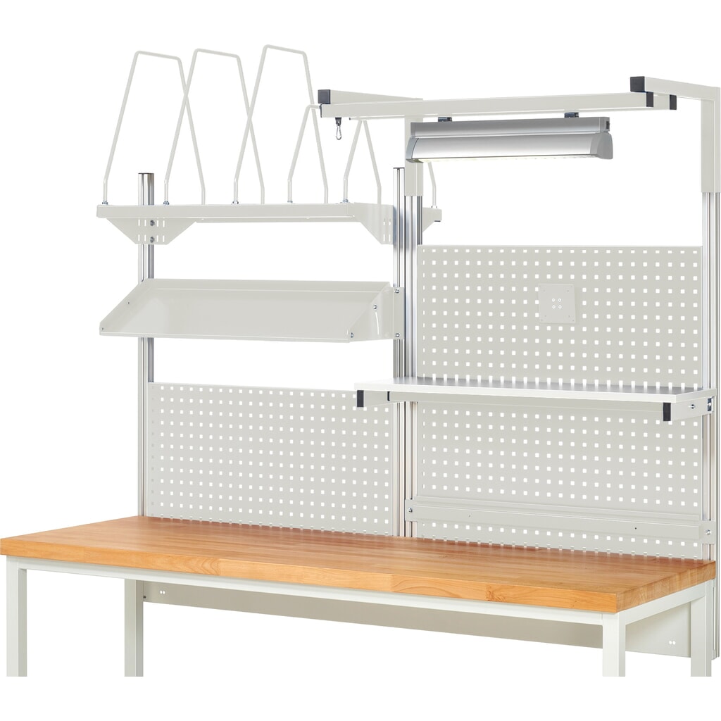 Estructura de banco de trabajo RAU, HxAxF 1.380 x 2.000 x 2.000 mm, con 1 estante elevado, 1 guía de soporte, 1 bandeja metálica inclinable, 1 soporte de pantalla plana y 1 lámpara, kit completo 06 para ancho de producto 2.000 mm Número de imagen del producto 2: Estructura de banco de trabajo RAU, HxAxF 1.380 x 2.000 x 2.000 mm, con 1 estante elevado, 1 guía de soporte, 1 bandeja metálica inclinable, 1 soporte de pantalla plana y 1 lámpara, kit completo 06 para ancho de producto 2.000 mm