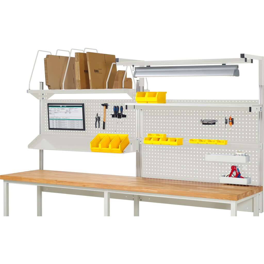 Imagen del producto: Estructura de banco de trabajo RAU, HxAxF 1.380 x 3.000 x 3.000 mm, con 1 estante elevado, 1 guía de soporte, 1 bandeja metálica inclinable, 1 soporte de pantalla plana y 1 lámpara, kit completo 06 para ancho de producto 3.000 mm