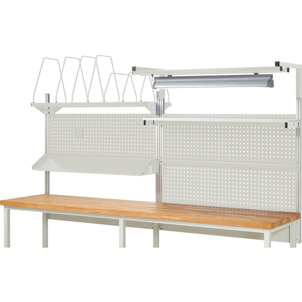 Número de imagen del producto 2: Estructura sistema RAU, H x A x F 1.380 x 3.000 x 3.000 mm, con 1 estante elevado, 1 guía de soporte, 1 bandeja metálica inclinable, 1 soporte de pantalla plana y 1 luz, kit completo 06 para anchura de productos de 3.000 mm