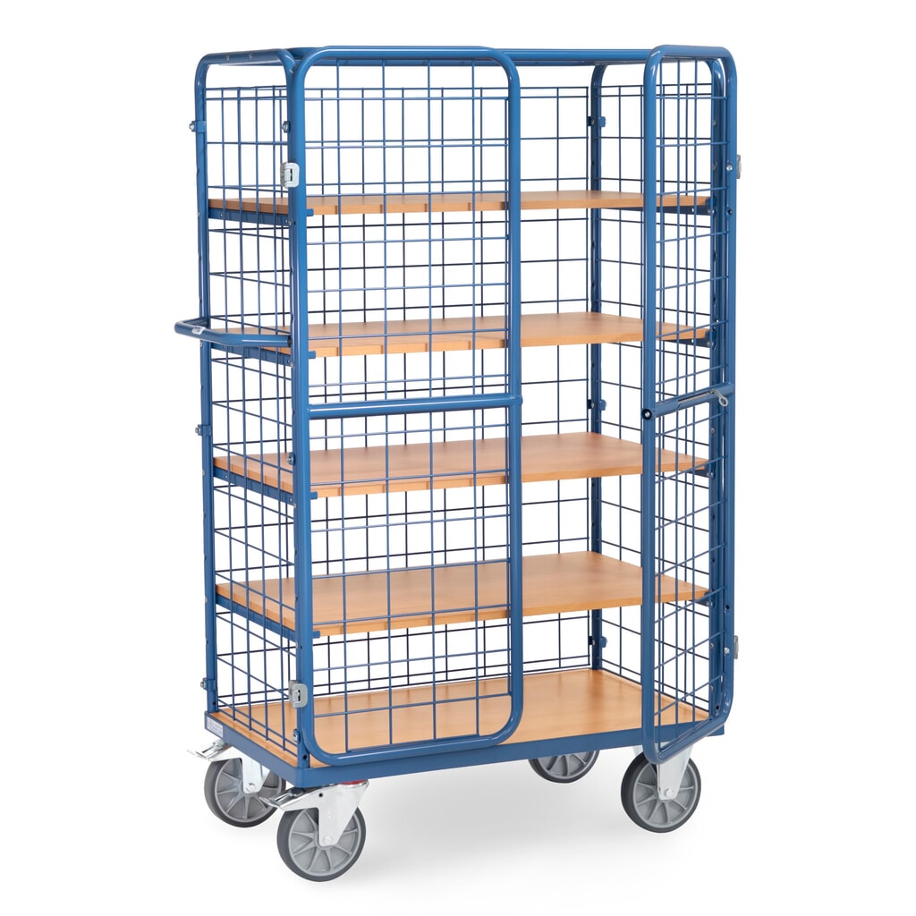 Imagen del producto: fetra® carro armario, capacidad de carga 600 kg, paredes de malla, con puerta doble de dos hojas, 5 niveles de 1.000 x 600 mm