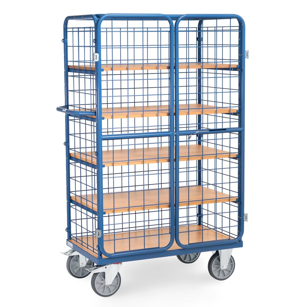 Número de imagen del producto 2: fetra® carro armario, capacidad de carga 600 kg, paredes de malla, con puerta doble de dos hojas, 5 niveles de 1.000 x 600 mm