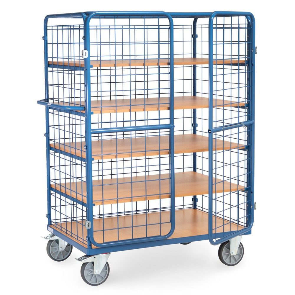 Número de imagen del producto 1: fetra® carro armario, capacidad de carga 600 kg, paredes de malla, con puerta doble de dos hojas, 5 niveles de 1200 x 800 mm