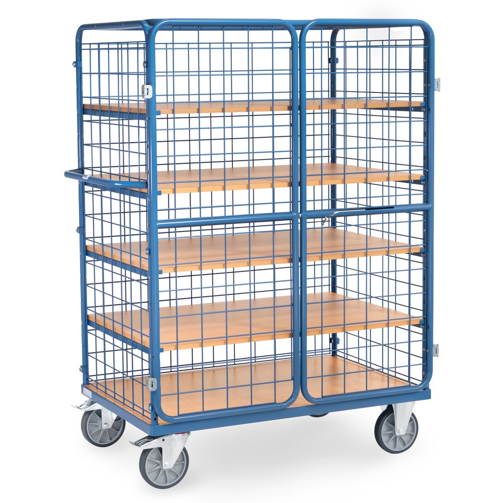 Número de imagen del producto 3: fetra® carro armario, capacidad de carga 600 kg, paredes de malla, con puerta doble de dos hojas, 5 niveles de 1200 x 800 mm