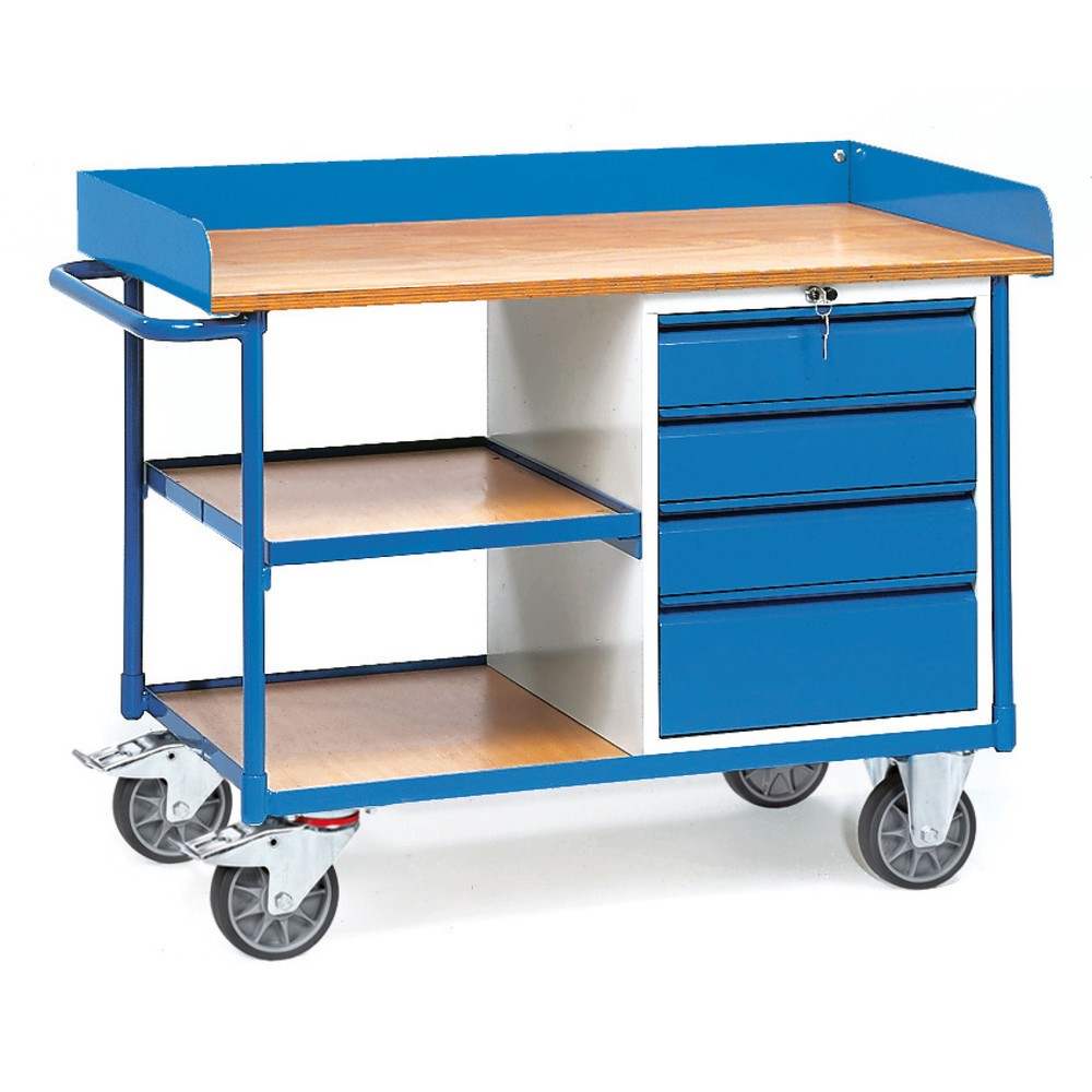 Imagen del producto: carro|plataforma de taller fetra® con borde alto, 4 cajones, 3 estantes, capacidad de carga 400 kg