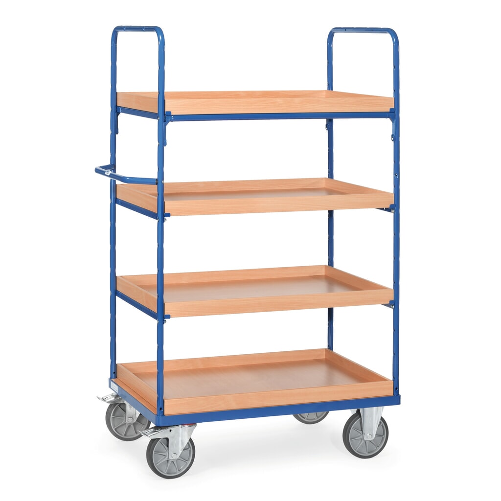 Imagen del producto: carros con estantes fetra® con cajas de almacenamiento, 4 niveles de 1.000 x 700 mm, altura de construcción 1.800 mm
