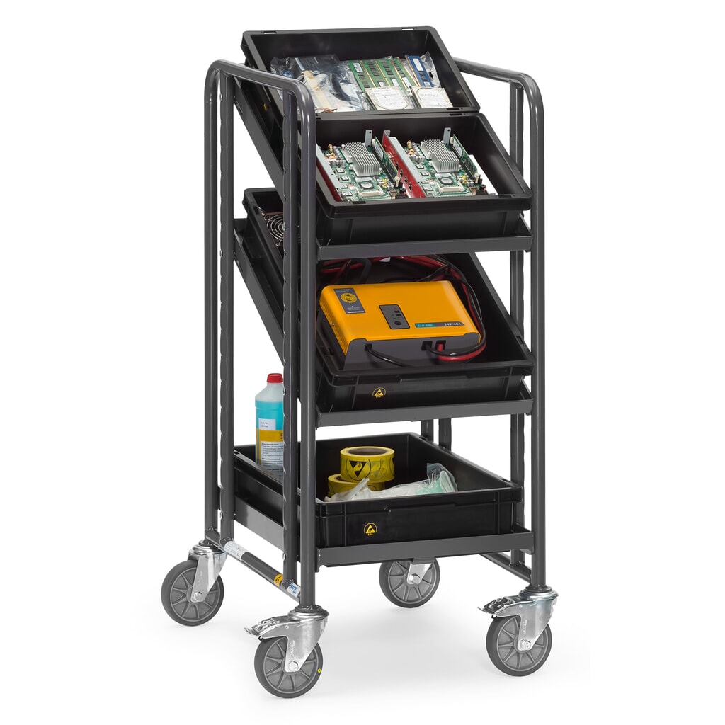 fetra® ESD Eurobox carro|plataforma de suelo, capacidad de carga 250 kg, 3 áreas de carga de 410 x 610 mm, sin estantes Número de imagen del producto 3: fetra® ESD Eurobox carro|plataforma de suelo, capacidad de carga 250 kg, 3 áreas de carga de 410 x 610 mm, sin estantes