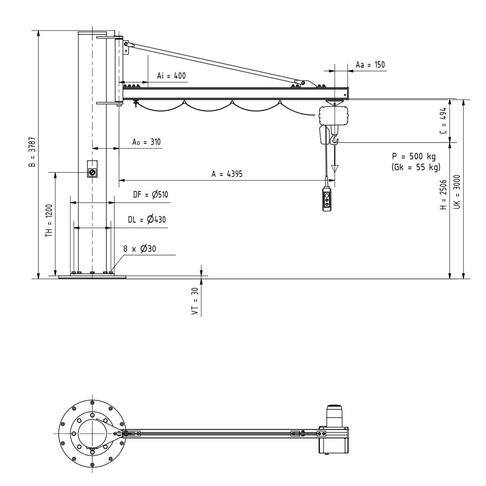 Número de imagen del producto 2: Grúa giratoria VETTER® incl. polipasto de cadena eléctrico LIFTKET, versión de columna, voladizo 4.400 mm, CC 500 kg