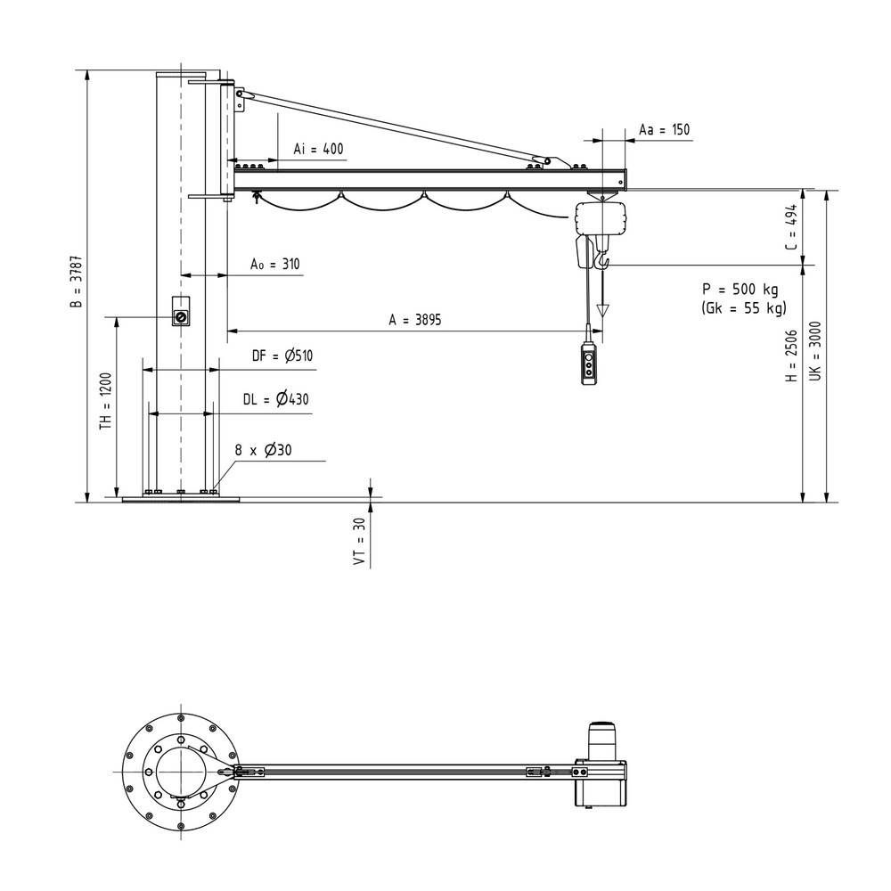 Número de imagen del producto 2: Grúa giratoria VETTER® incl. polipasto de cadena eléctrico LIFTKET, versión de columna, voladizo 3.900 mm, CC 500 kg