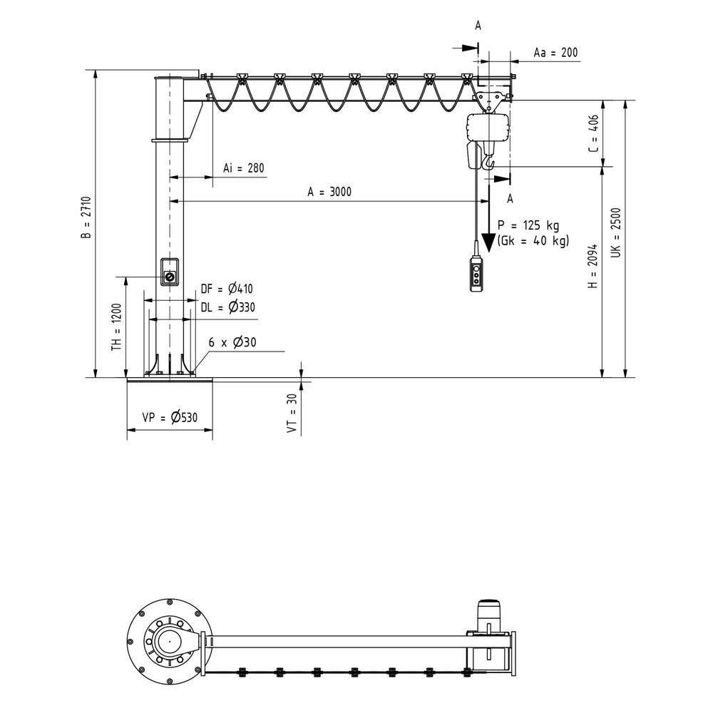 Número de imagen del producto 2: Grúa giratoria VETTER® incl. polipasto de cadena eléctrico LIFTKET, versión de columna, radio de giro de 360°, voladizo 3.000 mm, CC 125 kg
