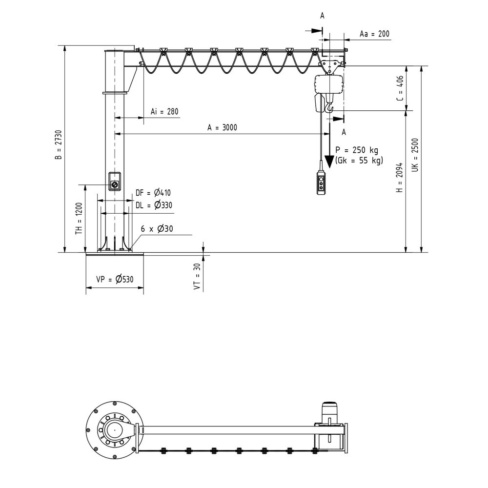 Número de imagen del producto 2: Grúa giratoria VETTER® incl. polipasto de cadena eléctrico LIFTKET, versión de columna, radio de giro de 360°, voladizo 3.000 mm, CC 250 kg