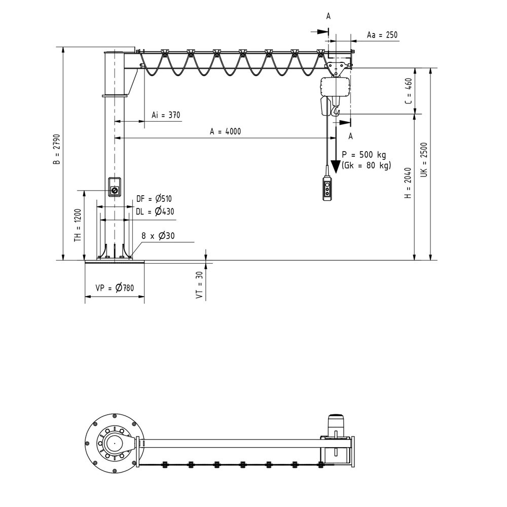 Número de imagen del producto 2: Grúa giratoria VETTER® incl. polipasto de cadena eléctrico LIFTKET, versión de columna, radio de giro de 360°, voladizo 4.000 mm, CC 500 kg
