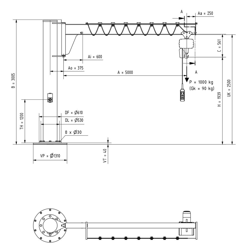 Número de imagen del producto 2: Grúa giratoria VETTER® incl. polipasto de cadena eléctrico LIFTKET, versión de columna, altura reducida, incl. material de fijación, voladizo 5.000 mm, CC 1.000 kg