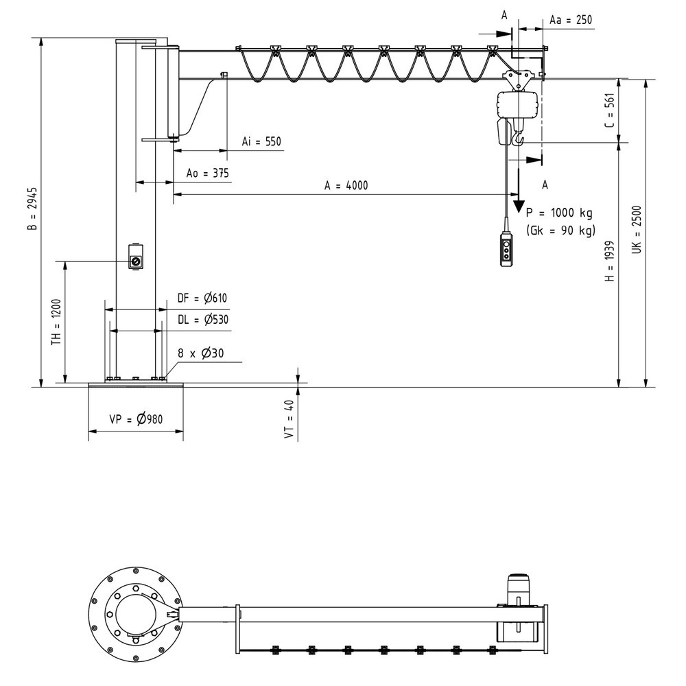 Número de imagen del producto 2: Grúa giratoria VETTER® incl. polipasto de cadena eléctrico LIFTKET, versión de columna, altura reducida, incl. material de fijación, voladizo 4.000 mm, CC 1.000 kg