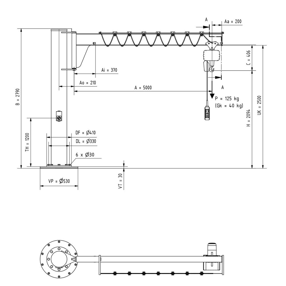 Número de imagen del producto 2: Grúa giratoria VETTER® incl. polipasto de cadena eléctrico LIFTKET, versión de columna, altura reducida, incl. material de fijación, voladizo 5.000 mm, CC 125 kg