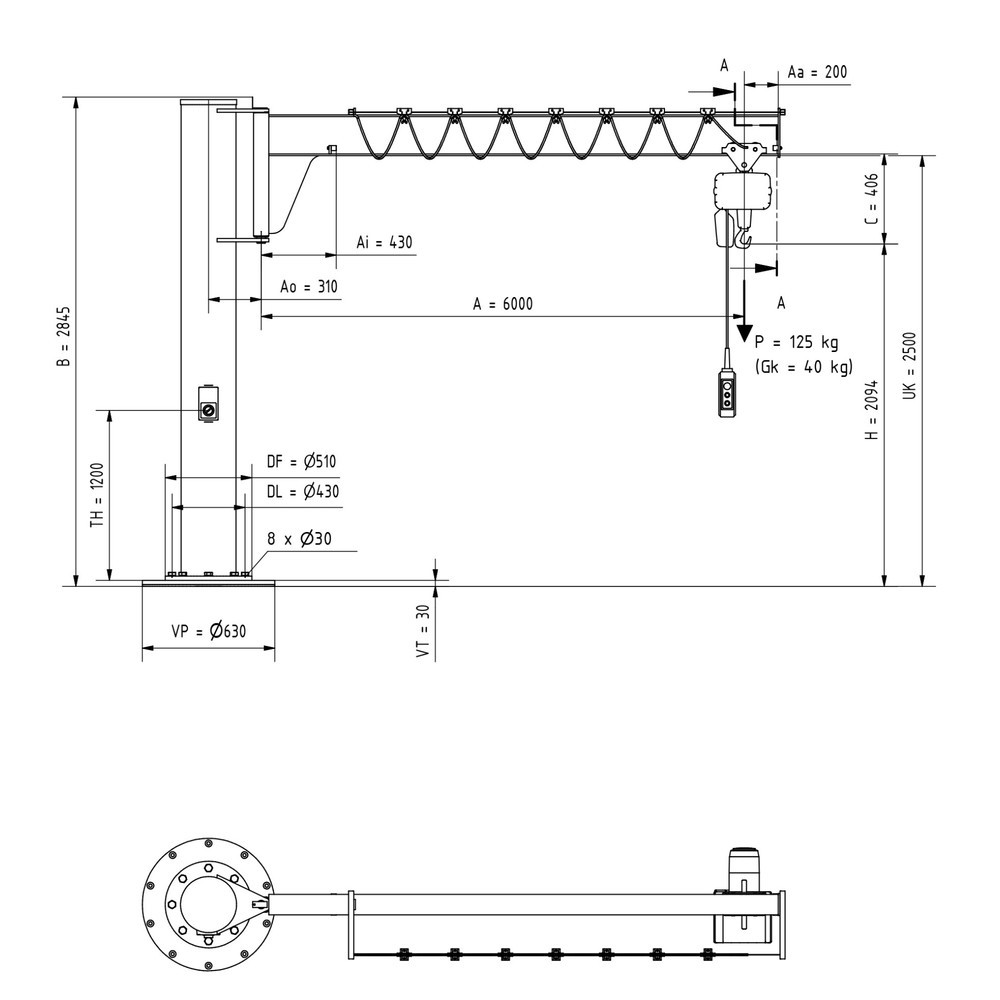 Número de imagen del producto 2: Grúa giratoria VETTER® incl. polipasto de cadena eléctrico LIFTKET, versión de columna, altura reducida, incl. material de fijación, voladizo 6.000 mm, CC 125 kg