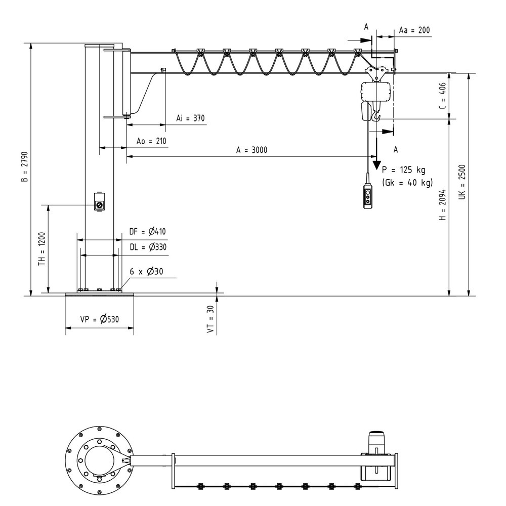 Número de imagen del producto 2: Grúa giratoria VETTER® incl. polipasto de cadena eléctrico LIFTKET, versión de columna, altura reducida, incl. material de fijación, voladizo 3.000 mm, CC 125 kg