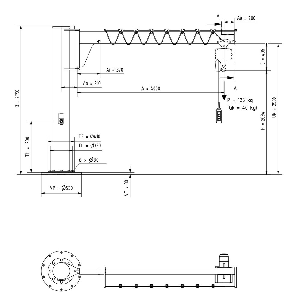 Número de imagen del producto 2: Grúa giratoria VETTER® incl. polipasto de cadena eléctrico LIFTKET, versión de columna, altura reducida, incl. material de fijación, voladizo 4.000 mm, CC 125 kg
