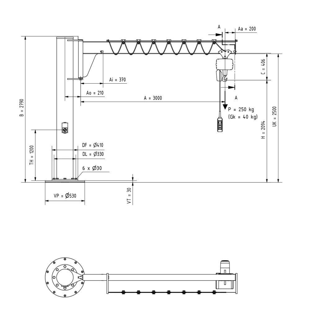 Número de imagen del producto 2: Grúa giratoria VETTER® incl. polipasto de cadena eléctrico LIFTKET, versión de columna, altura reducida, incl. material de fijación, voladizo 3.000 mm, CC 250 kg