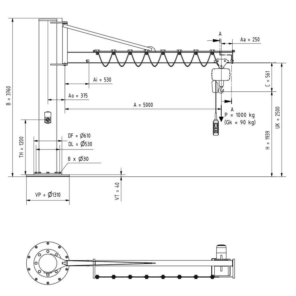 Número de imagen del producto 2: Grúa giratoria VETTER® incl. polipasto de cadena eléctrico LIFTKET, versión de columna con arriostramiento, incl. material de fijación, voladizo 5.000 mm, CC 1.000 kg