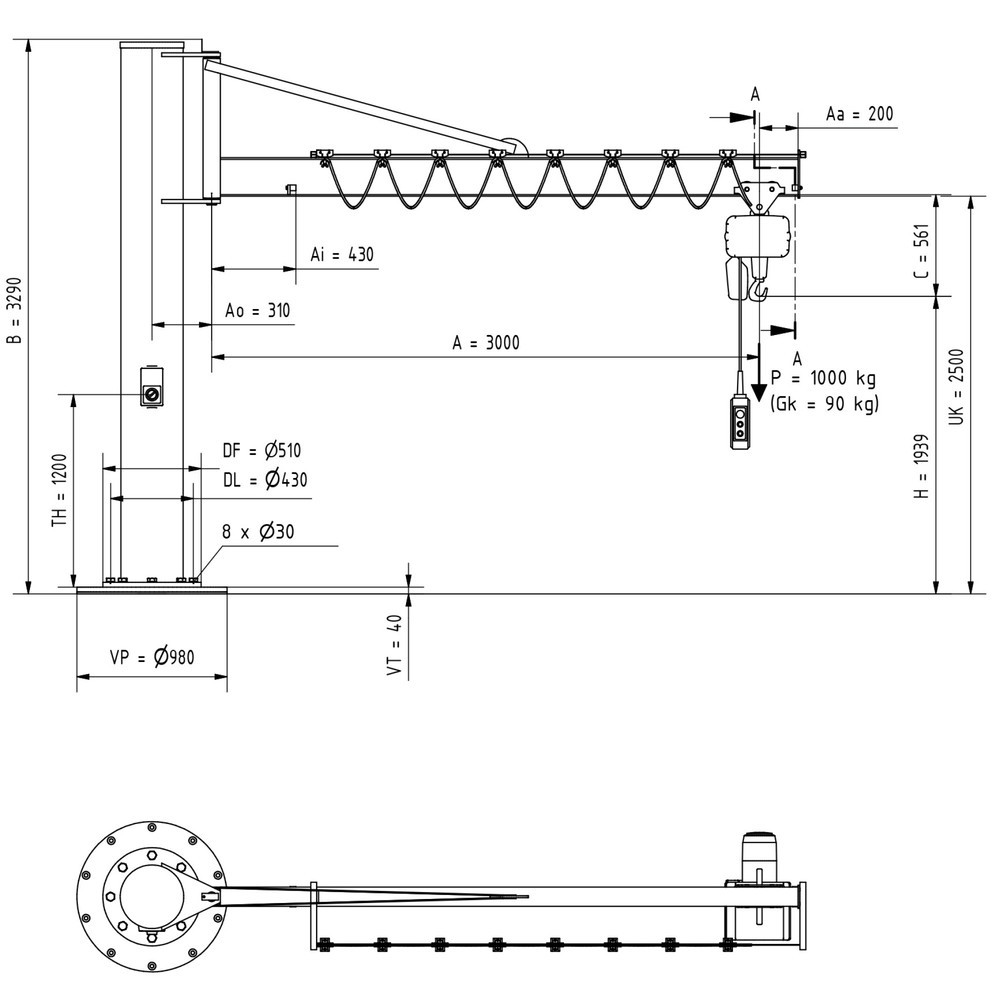Número de imagen del producto 2: Grúa giratoria VETTER® incl. polipasto de cadena eléctrico LIFTKET, versión de columna con arriostramiento, incl. material de fijación, voladizo 3.000 mm, CC 1.000 kg