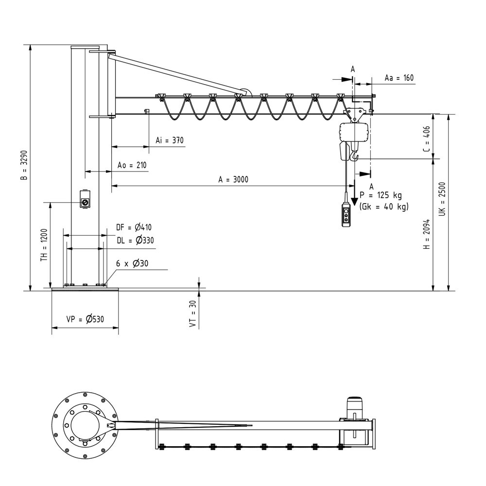 Número de imagen del producto 2: Grúa giratoria VETTER® incl. polipasto de cadena eléctrico LIFTKET, versión de columna con arriostramiento, incl. material de fijación, voladizo 3.000 mm, CC 125 kg