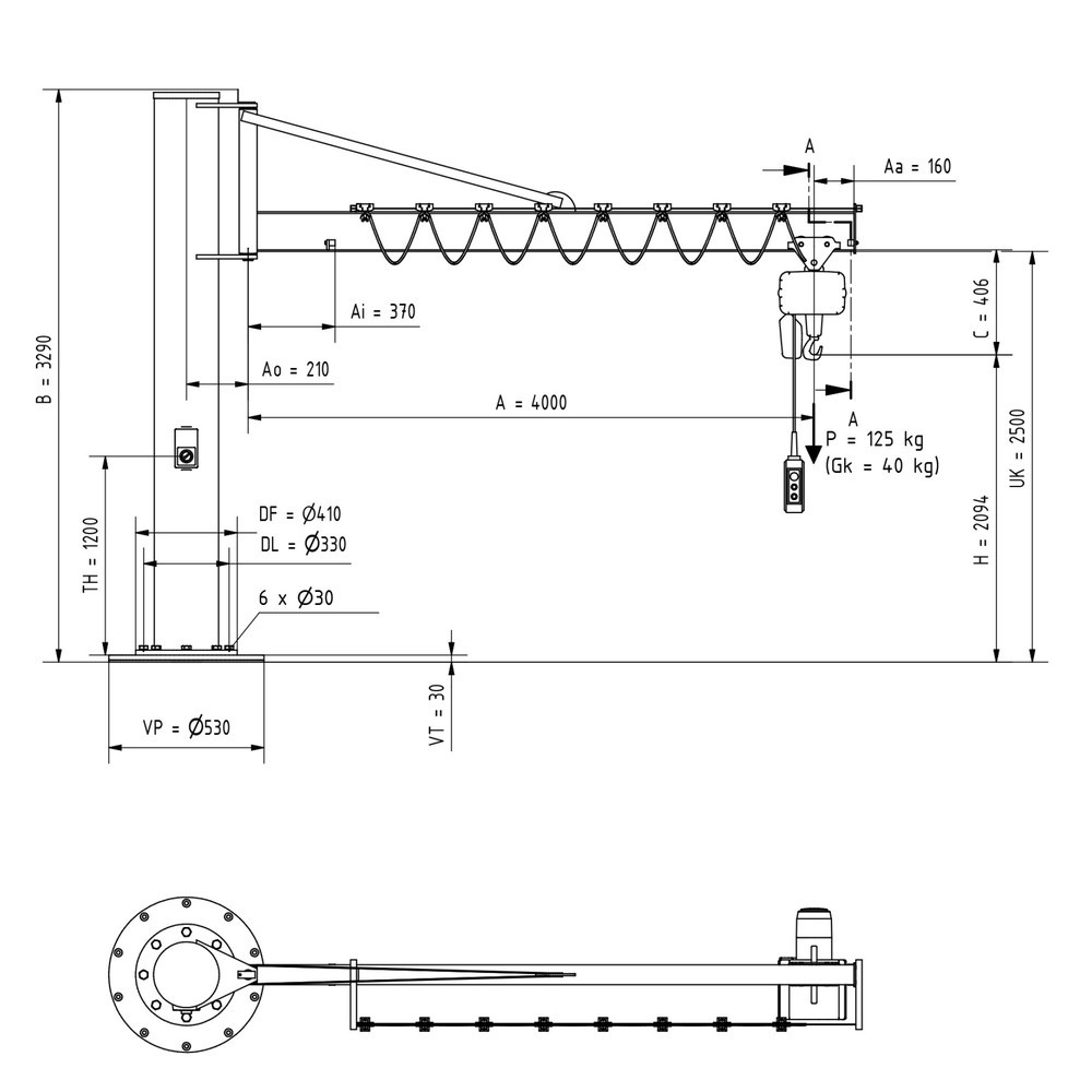 Número de imagen del producto 1: Grúa giratoria VETTER® incl. polipasto de cadena eléctrico LIFTKET, versión de columna con arriostramiento, incl. material de fijación, voladizo 4.000 mm, CC 125 kg