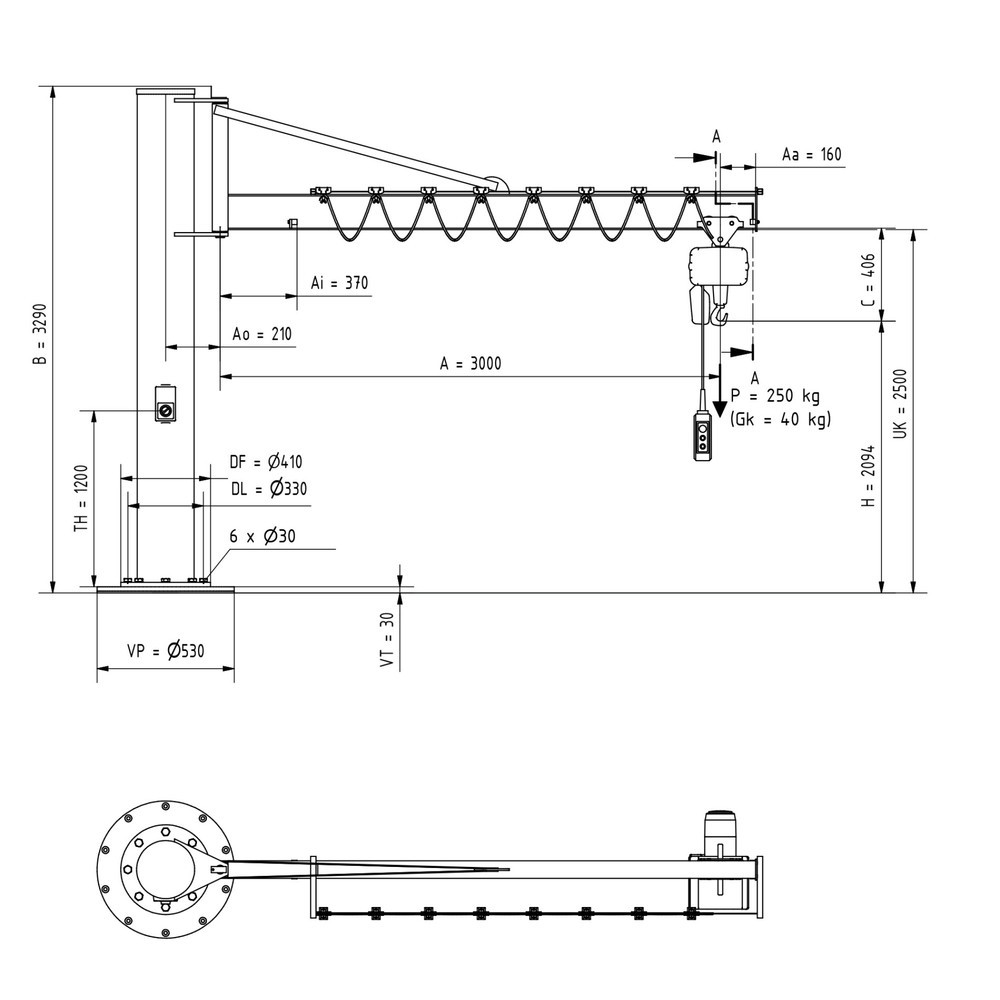 Número de imagen del producto 2: Grúa giratoria VETTER® incl. polipasto de cadena eléctrico LIFTKET, versión de columna con arriostramiento, incl. material de fijación, voladizo 3.000 mm, CC 250 kg
