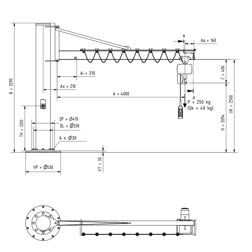 Número de imagen del producto 2: Grúa giratoria VETTER® incl. polipasto de cadena eléctrico LIFTKET, versión de columna con arriostramiento, incl. material de fijación, voladizo 4.000 mm, CC 250 kg