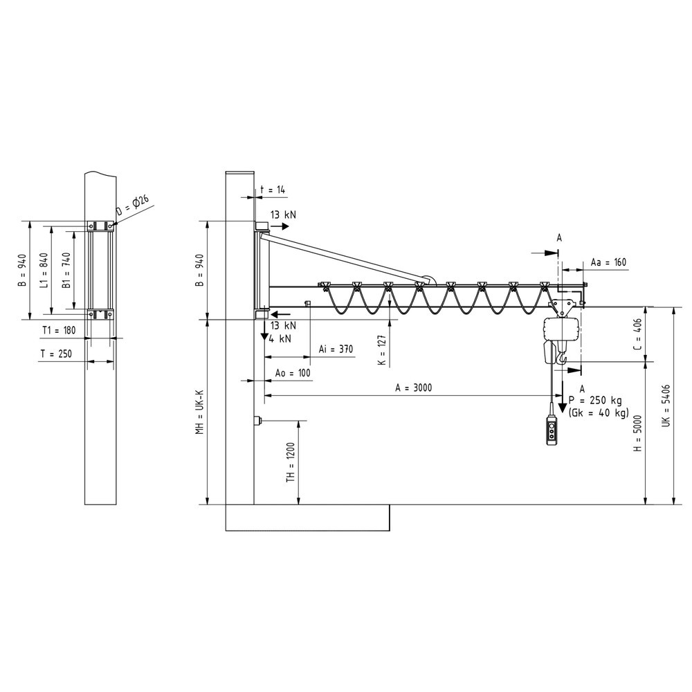 Número de imagen del producto 2: Grúa giratoria VETTER® incl. polipasto de cadena eléctrico LIFTKET, versión de pared con arriostramiento, voladizo 3.000 mm, CC 250 kg