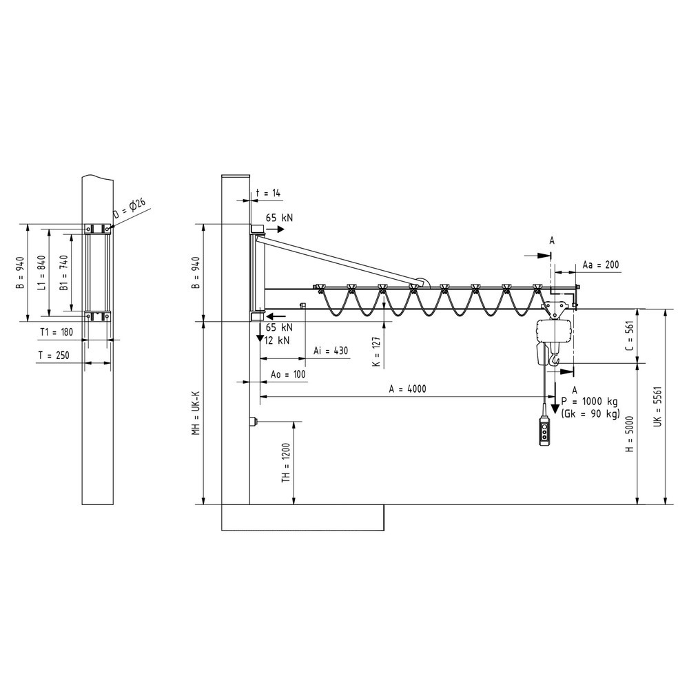Número de imagen del producto 2: Grúa giratoria VETTER® incl. polipasto de cadena eléctrico LIFTKET, versión de pared con arriostramiento, voladizo 4.000 mm, CC 1.000 kg