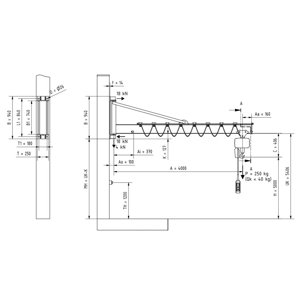 Número de imagen del producto 2: Grúa giratoria VETTER® incl. polipasto de cadena eléctrico LIFTKET, versión de pared con arriostramiento, voladizo 4.000 mm, CC 250 kg